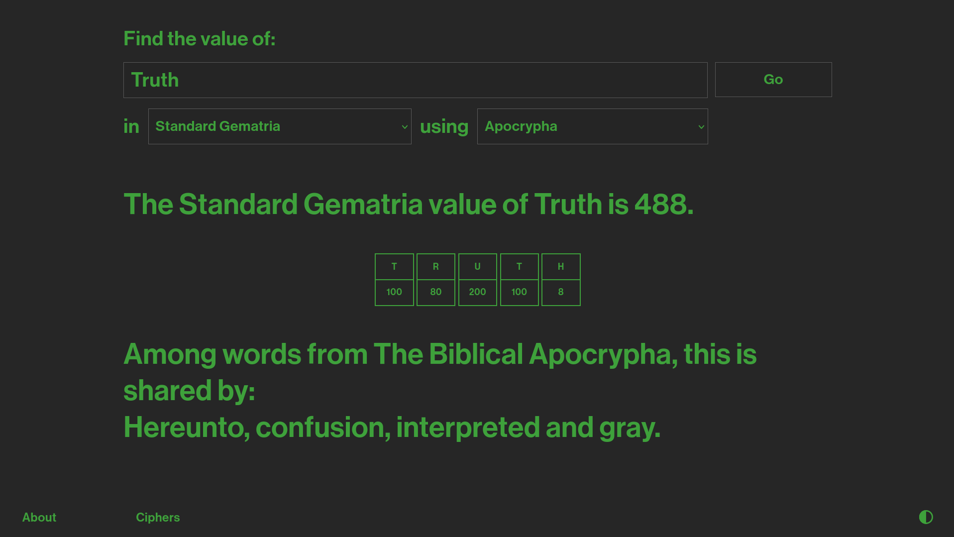 Calculation results dark mode.